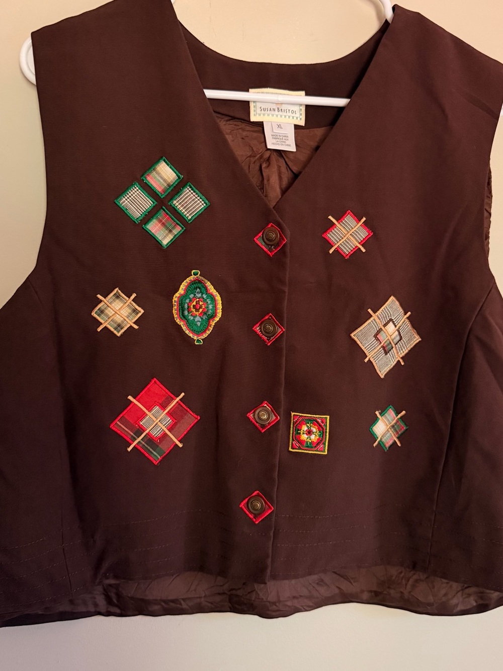 Susan Bristol Vintage Brown Button Up Embroidered Patch Vest Size XL